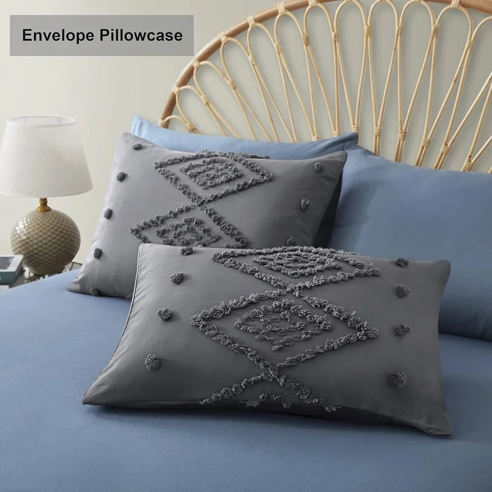 3PC QUEEN KING DUVET SET DK GREY Boho Cottage Tufted Design Duvet & Pillowcases